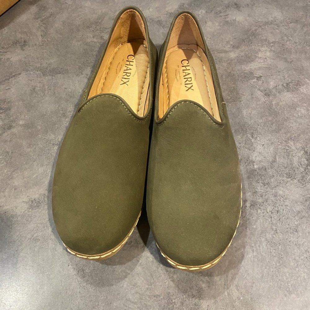 Charix Handmade Artisan Leather Slip-On Shoes Olive Green Size 8.5